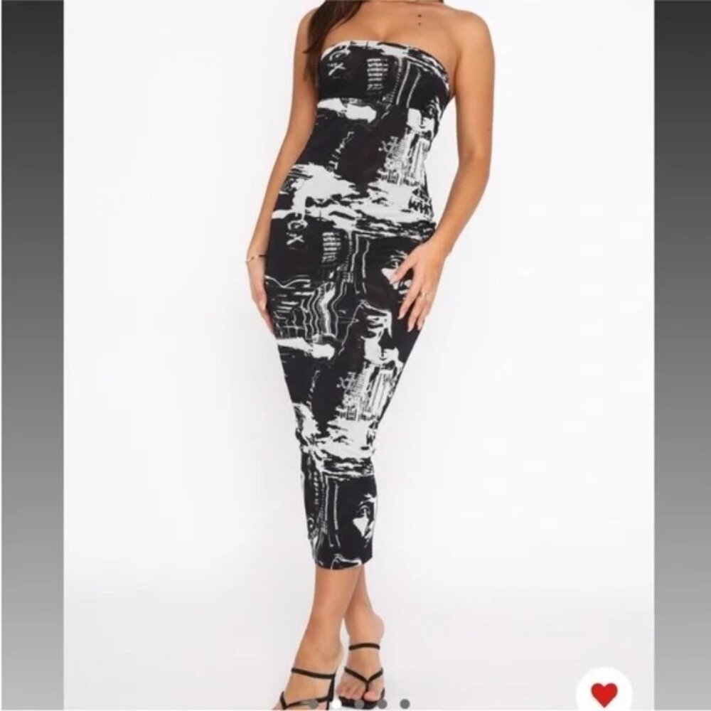 White Fox Strapless Midi Dress Black and Gray Going out Dress Cocktail Dress
